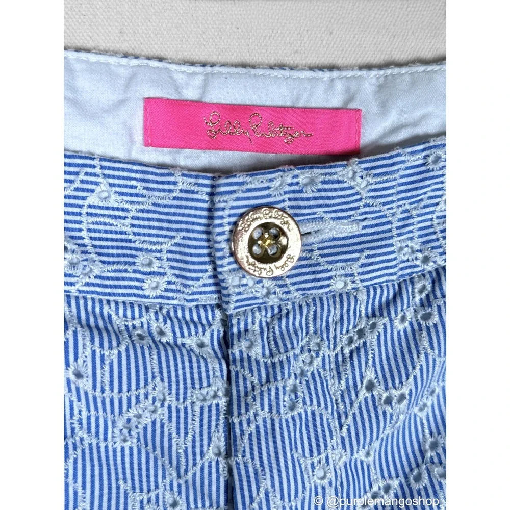 LILLY PULITZER Shorts Womens 12 Blue White Eyelet Scallop Hem Floral‎ Stripe